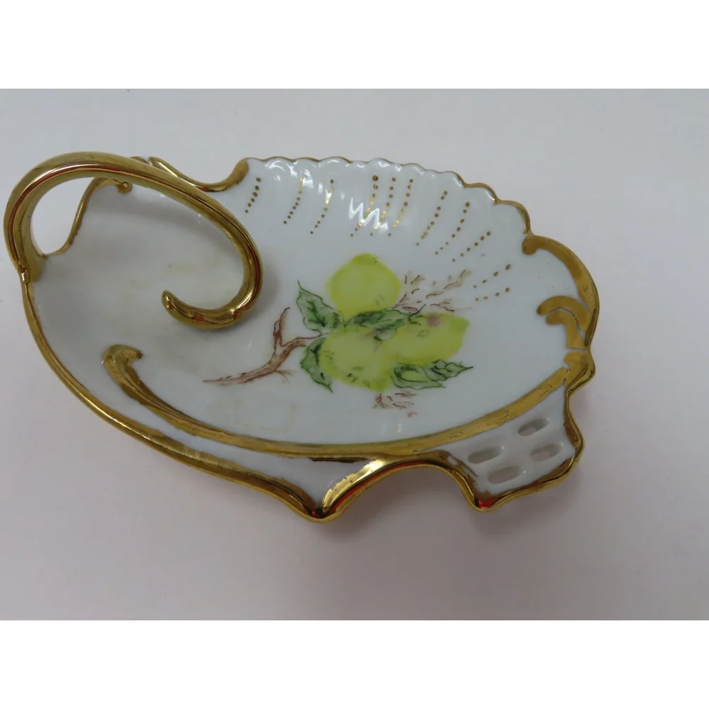Vtg Hand Painted Nappy Lemon Dish Trinket Jewelry Tray GOLD GILT 1977